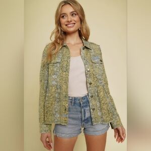 MYSTREE GREEN Animal Print Button Down Jacket Long Sleeve Utility Shacket Style